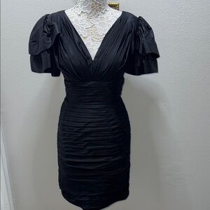 Vintage Tadashi Shoji 80’s 90’s Black Ruched Mini Dress with Flutter Sleeves